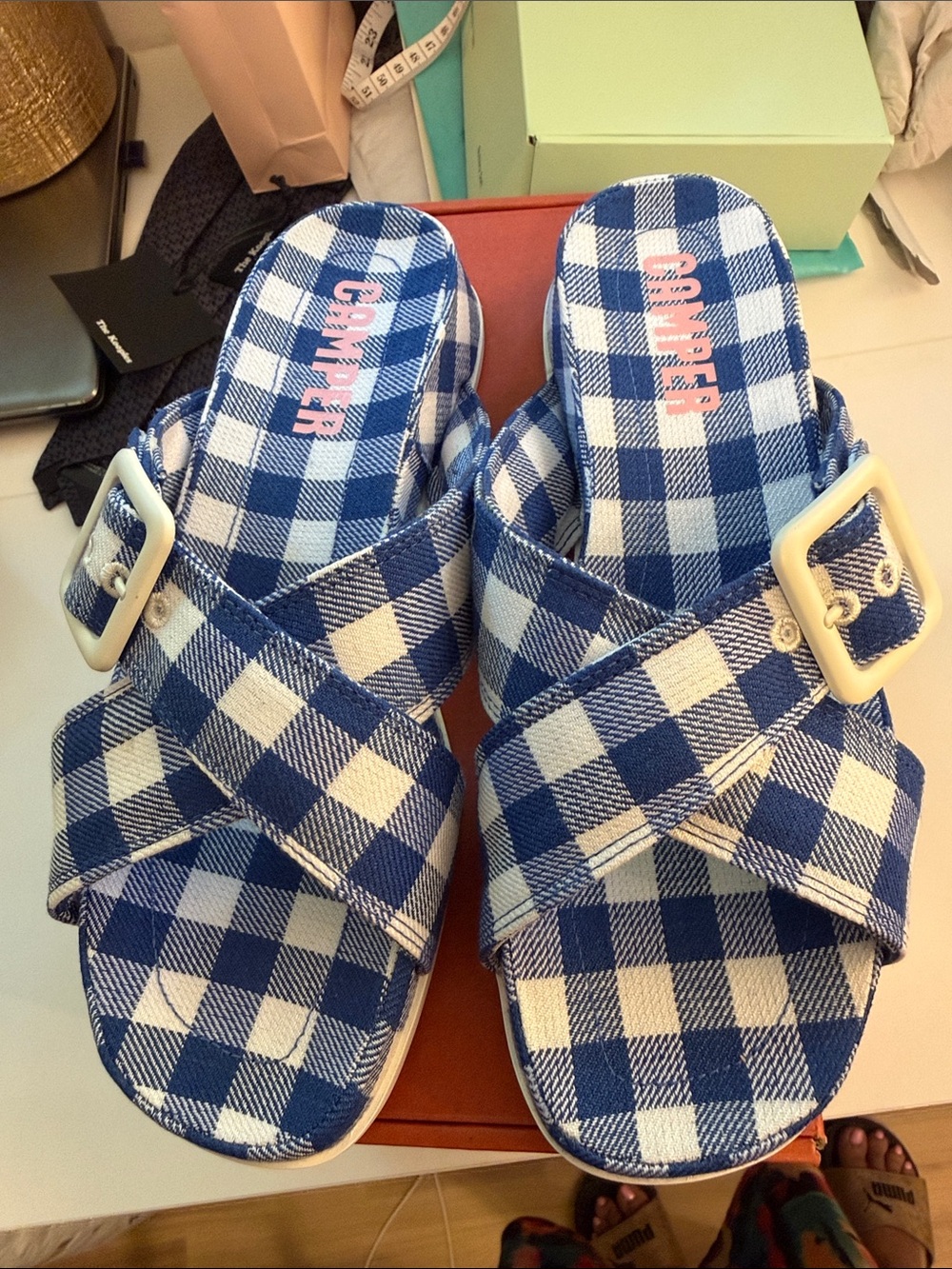 Camper blue and white Gingham Cross-Strap Slides